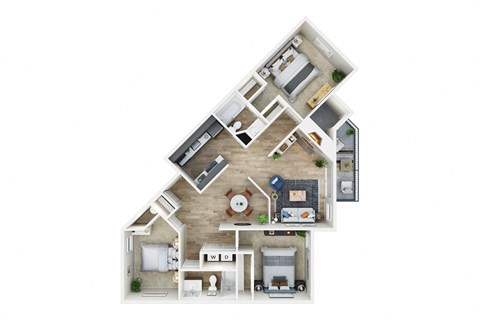 Floor plan for 3 beds, 2 baths, 1235 sqft